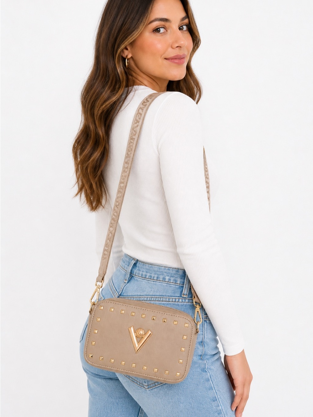 Valentino Orlandi Taupe Studded Camera Crossbody Bag NWT $159